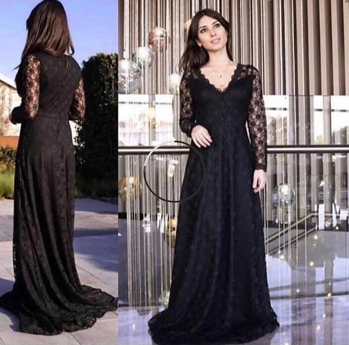 Felicita Uzun Siyah Güpürlü Abiye Elbise (0107)