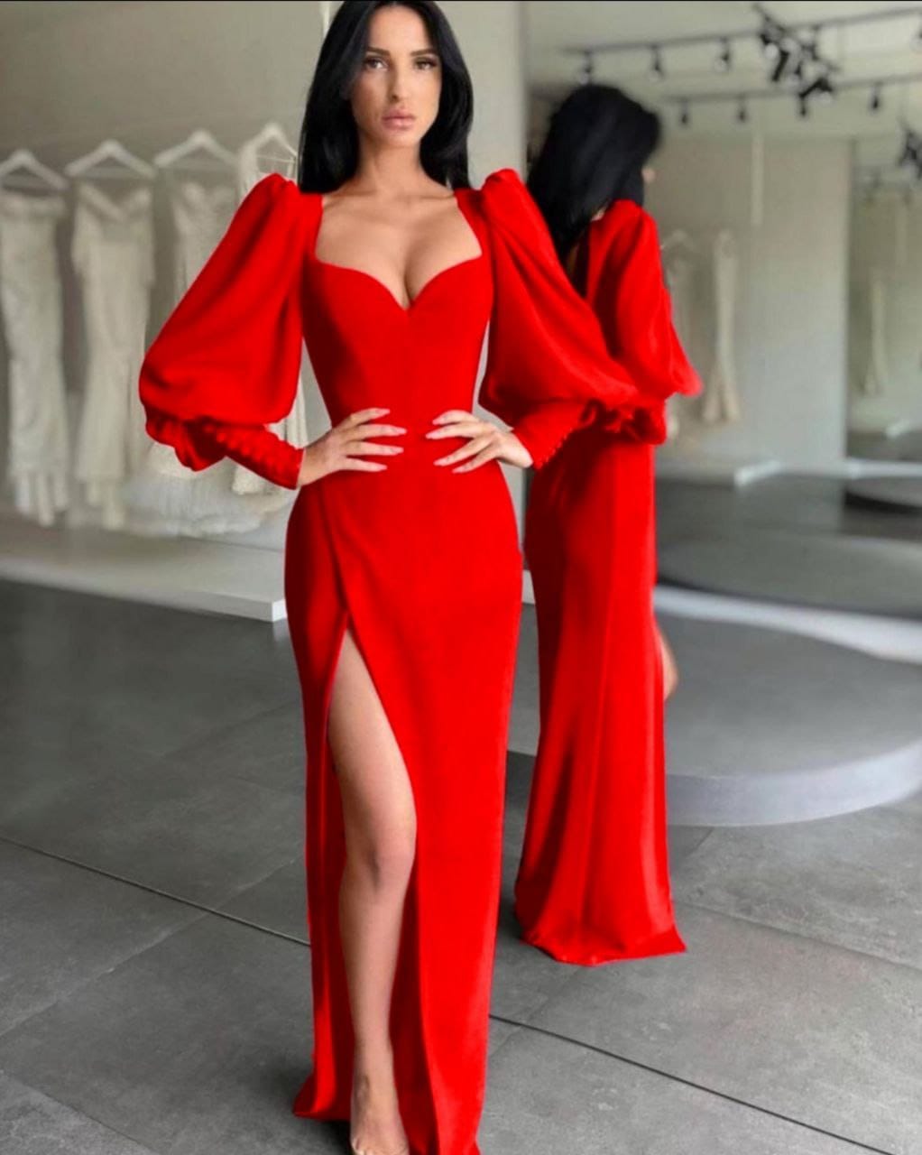 Harper Balon Kollu Yırtmaç Detaylı Abiye Elbise Kırmızı (0223)